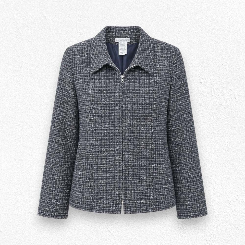 Vintage 90s Dressbarn Blue Wool Blend Minimalist Tweed Zip Jacket Size 14